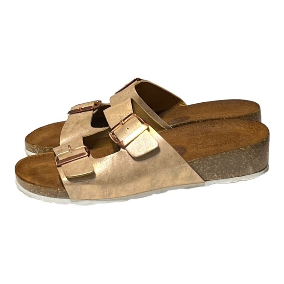 A. Giannetti Rose Gold Pin Buckle Leather Cork Slides Sz 10 Trendy Summer Sandal - Picture 4 of 8